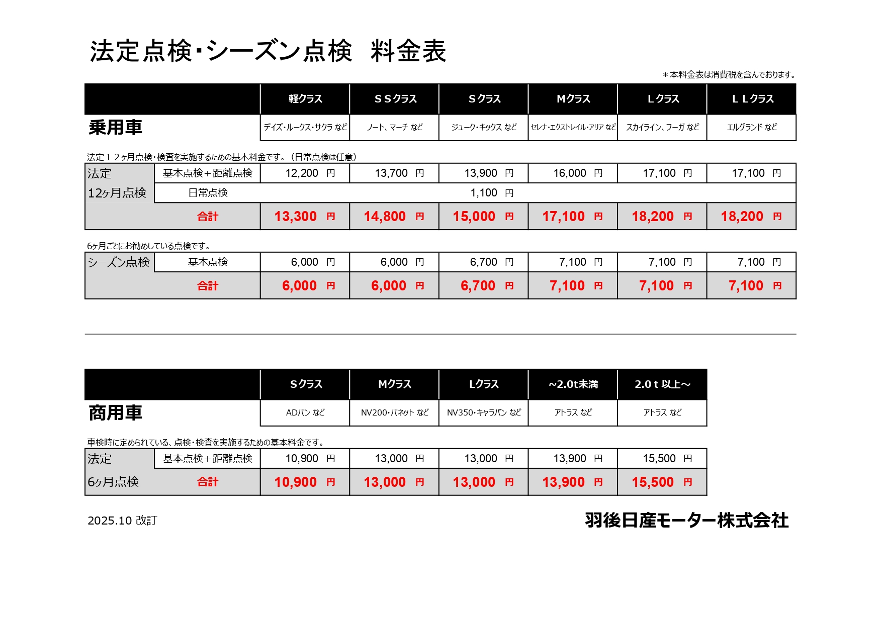 点検料金表